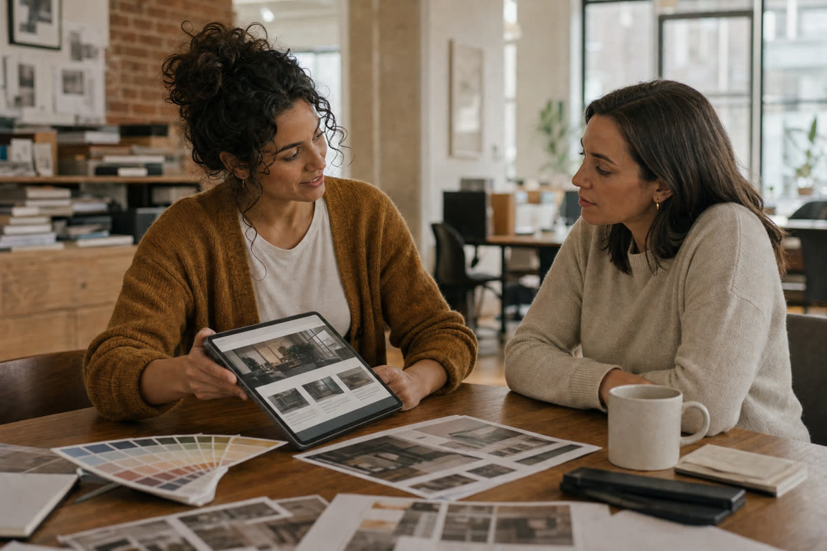 A designer showing a client a page layout on a tablet